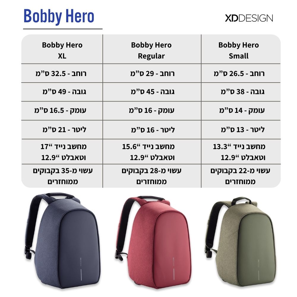טבלת מידות ונפחים תיקי בובי הירו- BOBBY HERO - XD DESIGN