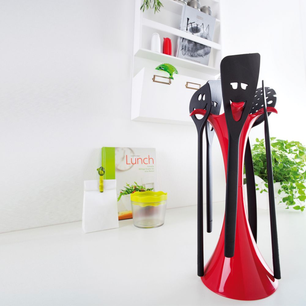KOZIOL Utensil Stand Set MEETING POINT סט כפות שמחות למטבח -קוזיאול- בצבע אדום שחור, אביזרי מטבח קוזיאול, אביזרים מגניבים למטבח
