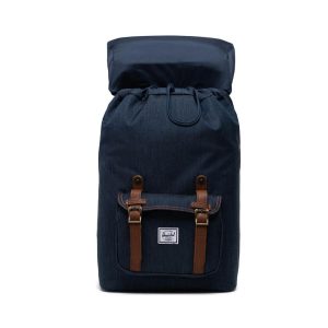 HERSCHEL LITTLE AMERICA MID-VOLUME - NAVY 13 -תיק ליטל אמריקה -הרשל- תיק גב 13 אינץ', תיק גב ממותג, סוואג לעובדים, מתנות לעובדים, תיק גב למחשב נייד בצבע כחול נייבי עם רצועות חומות