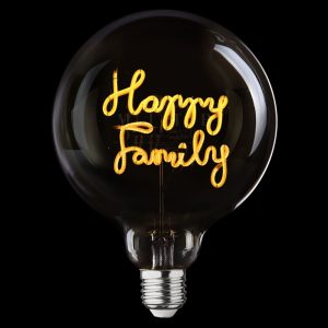 נורת שולחן מעוצבת עם כיתוב מואר HAPPY FAMILY, נורת שולחן עם כיתוב זוהר, נורת שולחן מעוצבת לחדר, נורת פחם עם כיתוב באנגלית